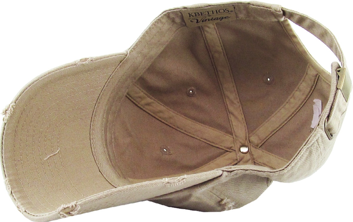 Khaki Distressed Vintage Baseball Cap Inside Turned Over View